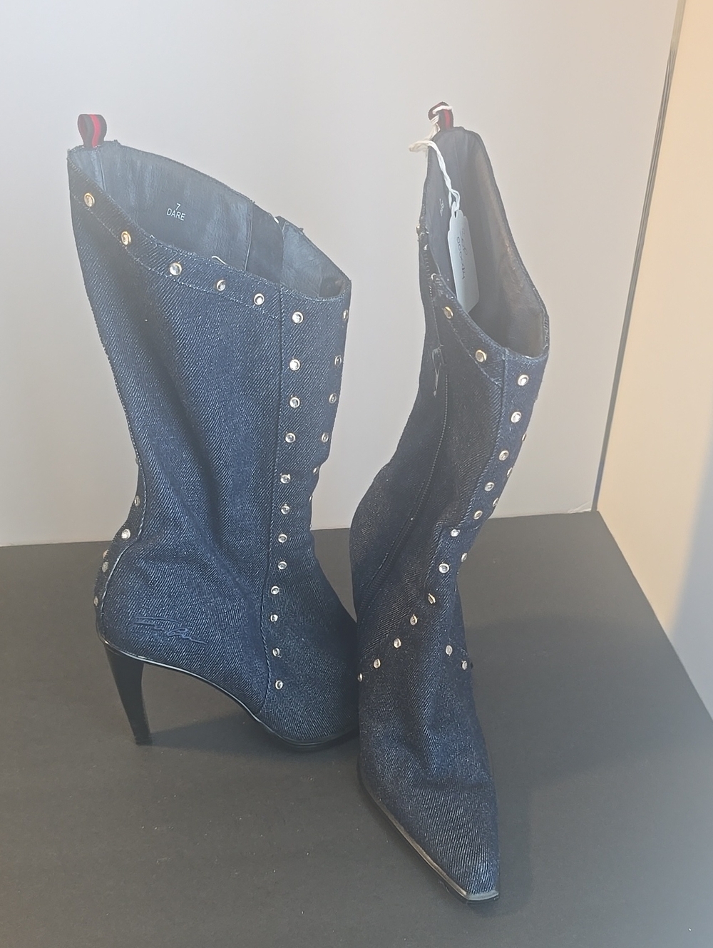 FUBU Navy Denim Studded Pointed-Toe Mid-Calf Boots